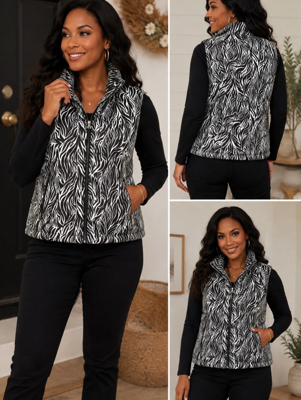 Jane Ashley Casual Lifestyle Zebra Print Quilted Vest With Pockets size L